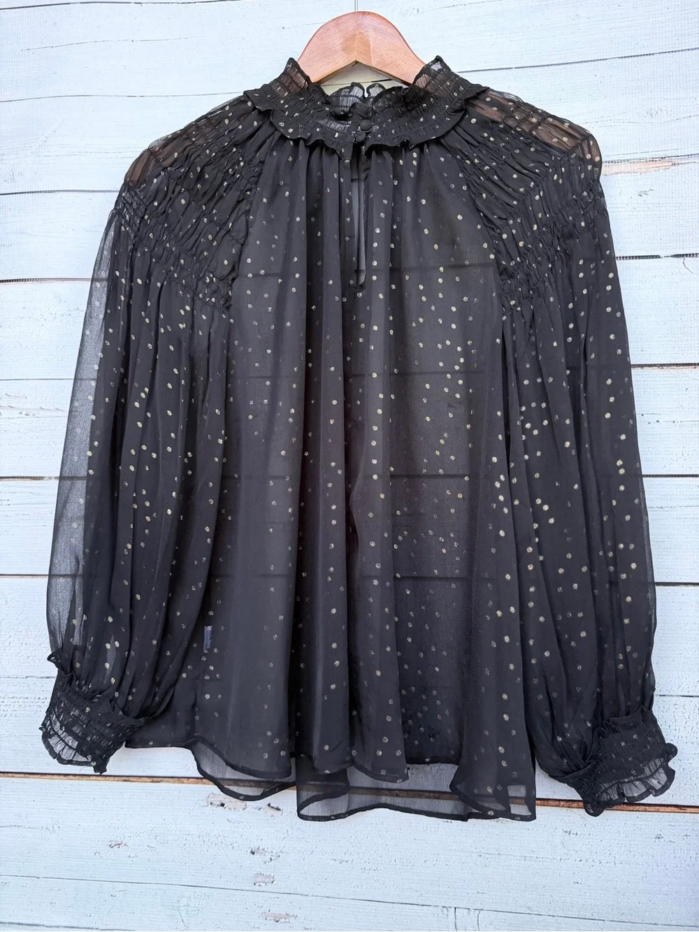 LOFT Black Sheer Blouse with Gold Dot Print
